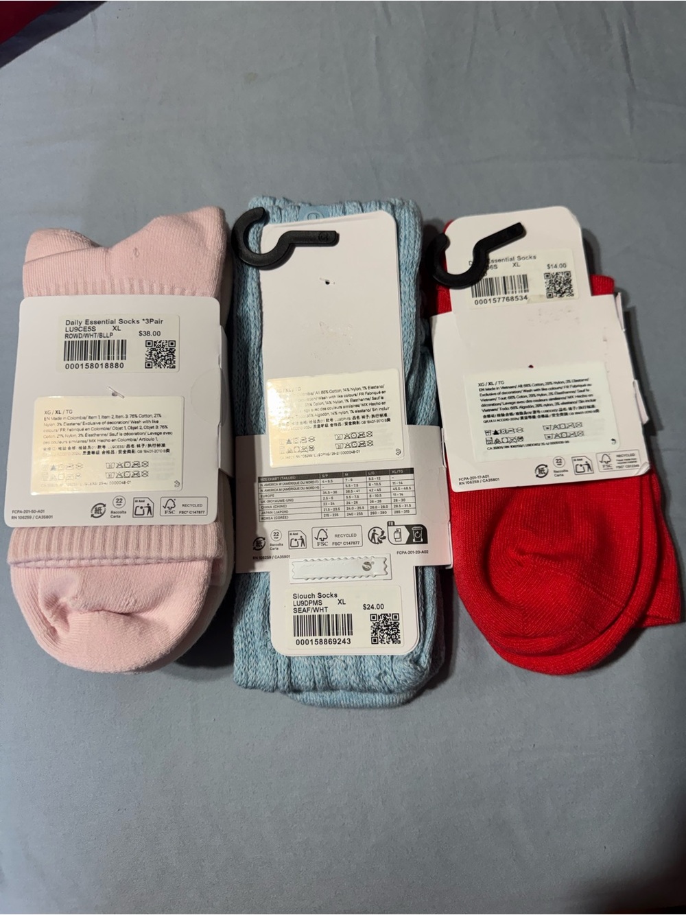 Lululemon unisex Socks 3-Pack — Pink, Light Blue & Red
